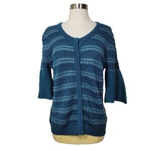 Chadwick's Womens Striped Textured Knit Half Sleeve Teal Green Sweater Size XL